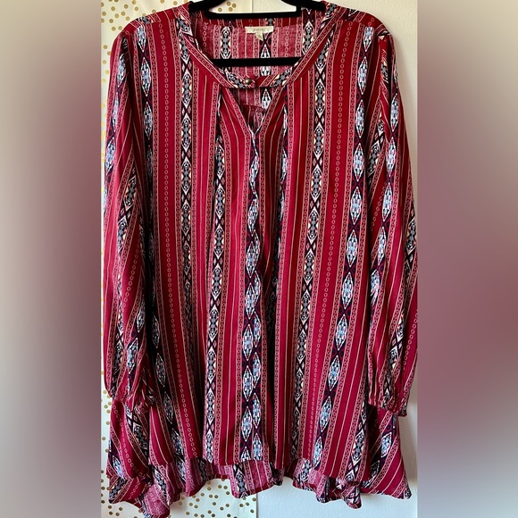 JODIFL Tops - JODIFL Burgundy Boho Patterned Oversize V-Neck Tunic size Small